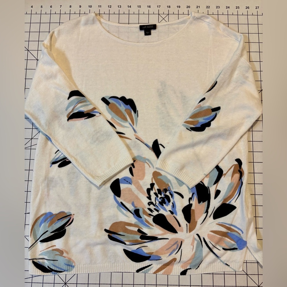 J. Jill Women’s Small White and Blue Linen Blend 3/4 Sleeve Floral Blouse